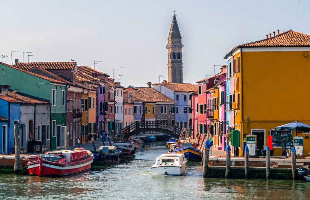 Burano, Italy as seen from the water, with its Leaning Tower visible
