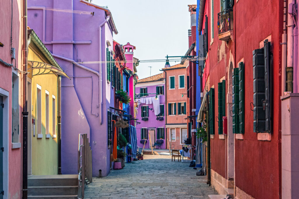 Vibrant and colourful rainbow houses in Burano Italy