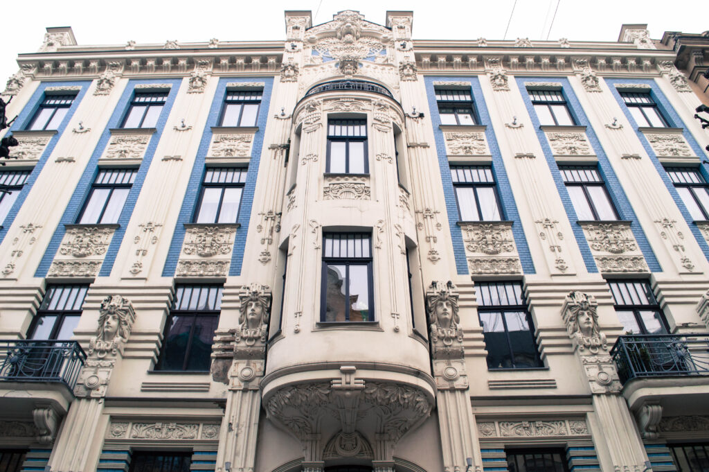 Blue and white art nouveau building on Alberta Ieta in Riga