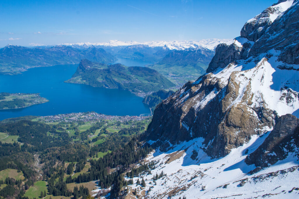 Mountain and lake views from the cable car at Mount Pilatus