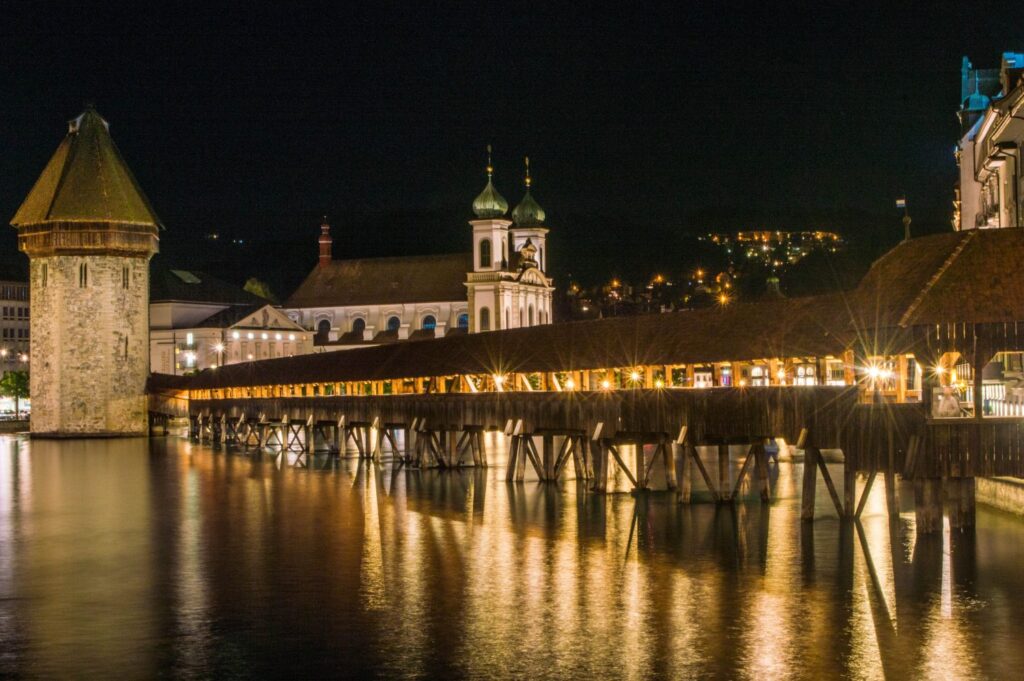Chapel Bridge in Lucerne, Switzerland at night