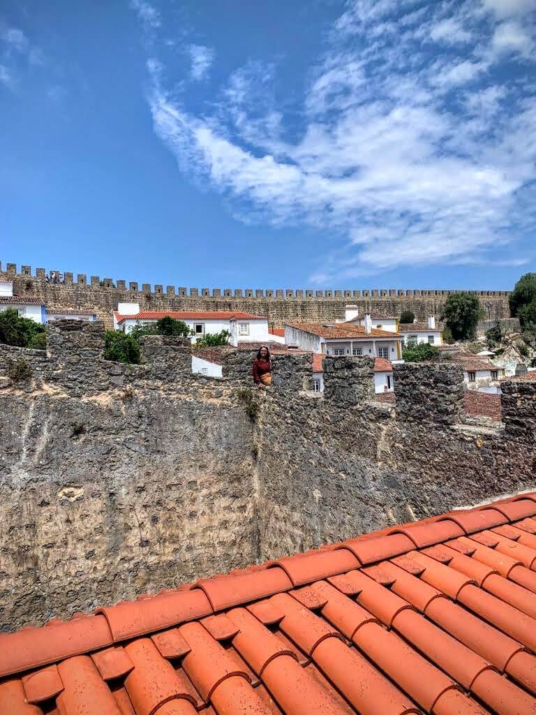 A person sitting on a castle wall