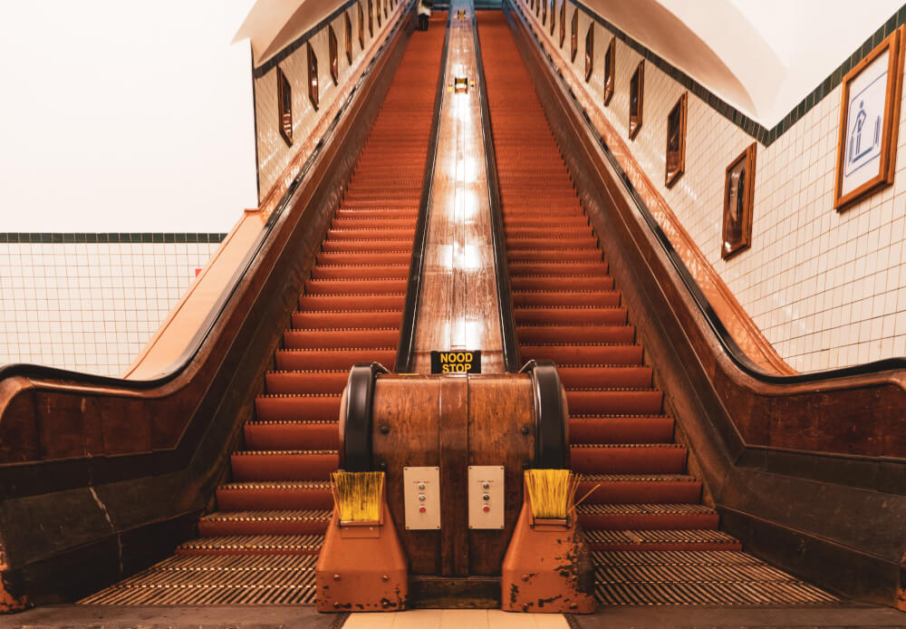 Wooden escalators in the Saint anna tunnel in Antwerp, Belgium