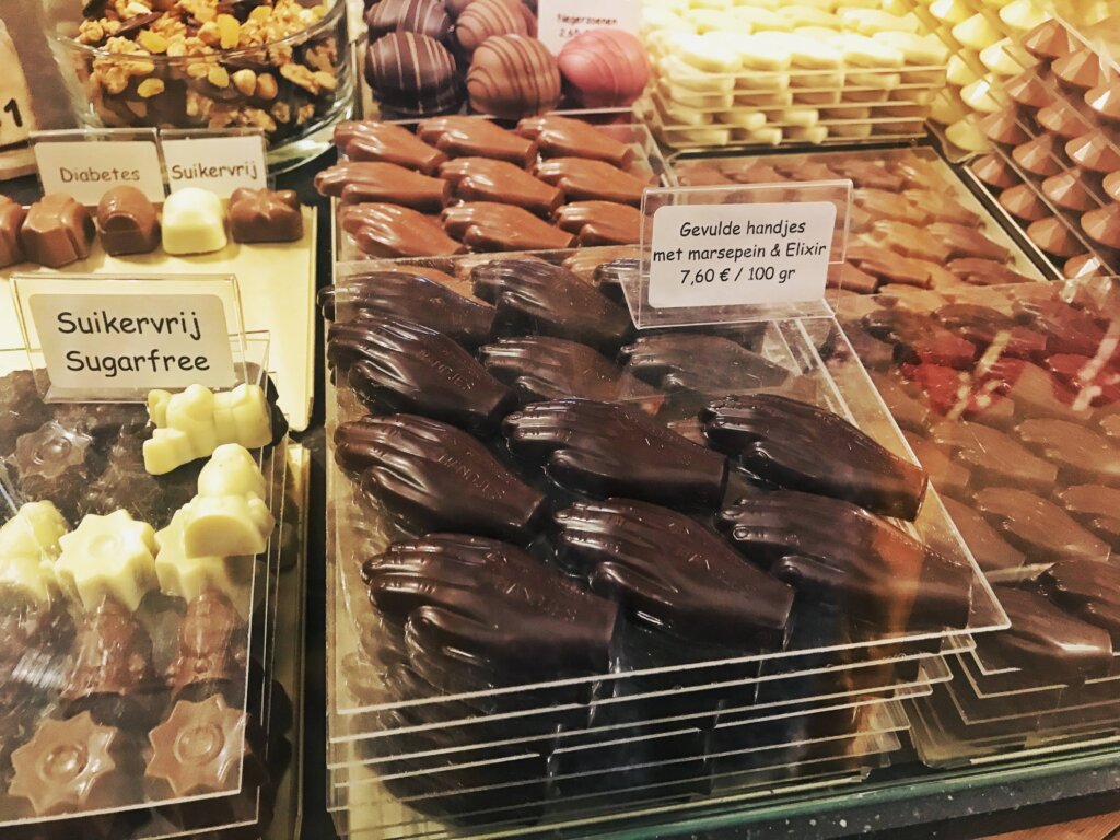 Chocolate hands being sold in an Antwerp chocolate shop
