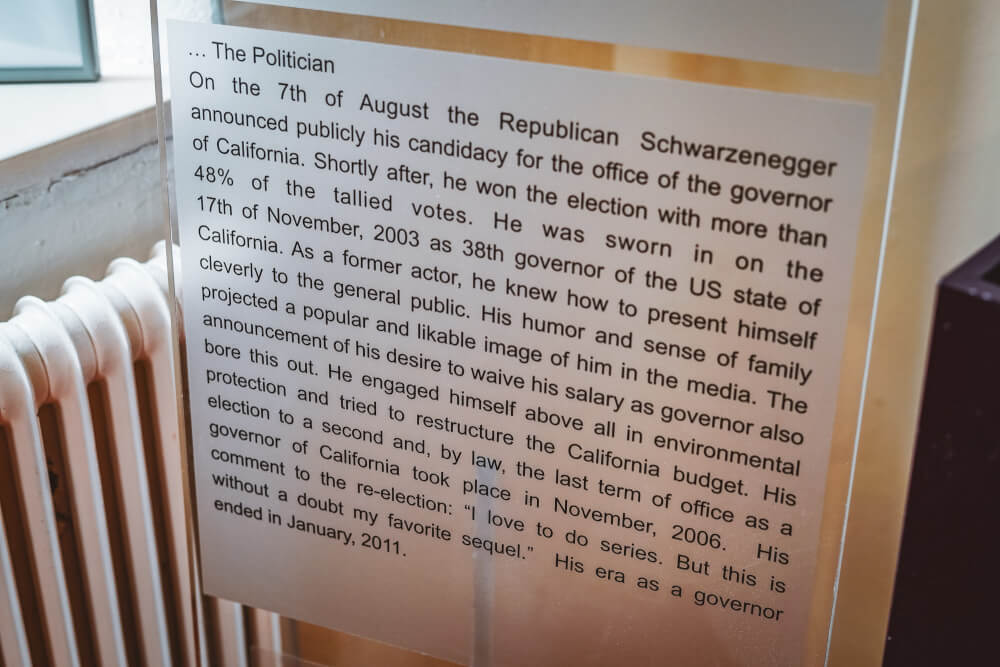 Information poster at the Arnold Schwarzenegger Museum in Thal, Austria