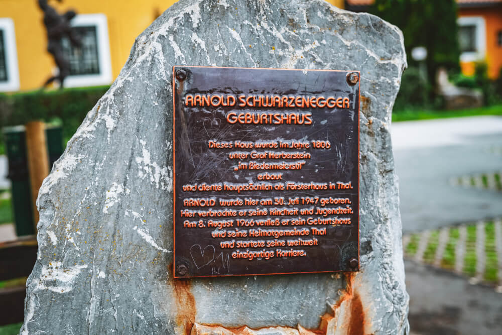 A plaque outside the Arnold Schwarzenegger Museum in Thal, Austria