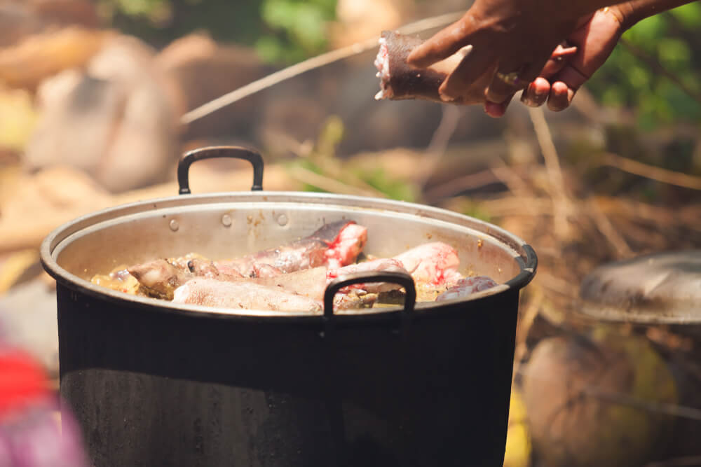 Villagers prepare food for wedding ceremony in Bali, Indonesia