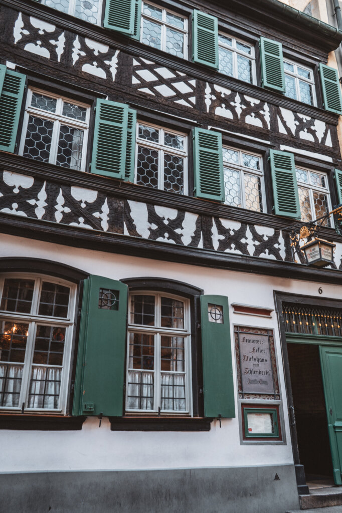 Beautiful half-timbered restaurant facade in Bamberg, Germany