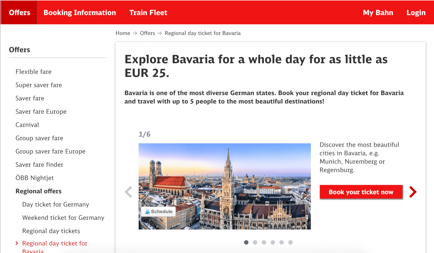 Screenshot of Deutsche Bahn website showing how to buy a Bayern ticket