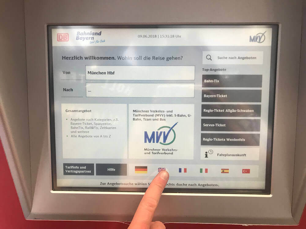 Ticket machine purchase screen showing how to buy a Bayern ticket step by step