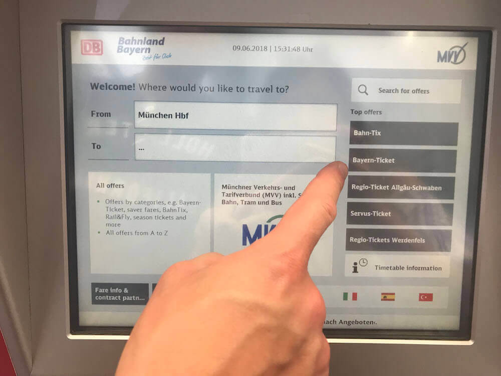 Ticket machine purchase screen showing how to buy a Bayern ticket step by step