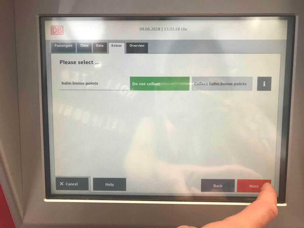 Ticket machine purchase screen showing how to buy a Bayern ticket step by step
