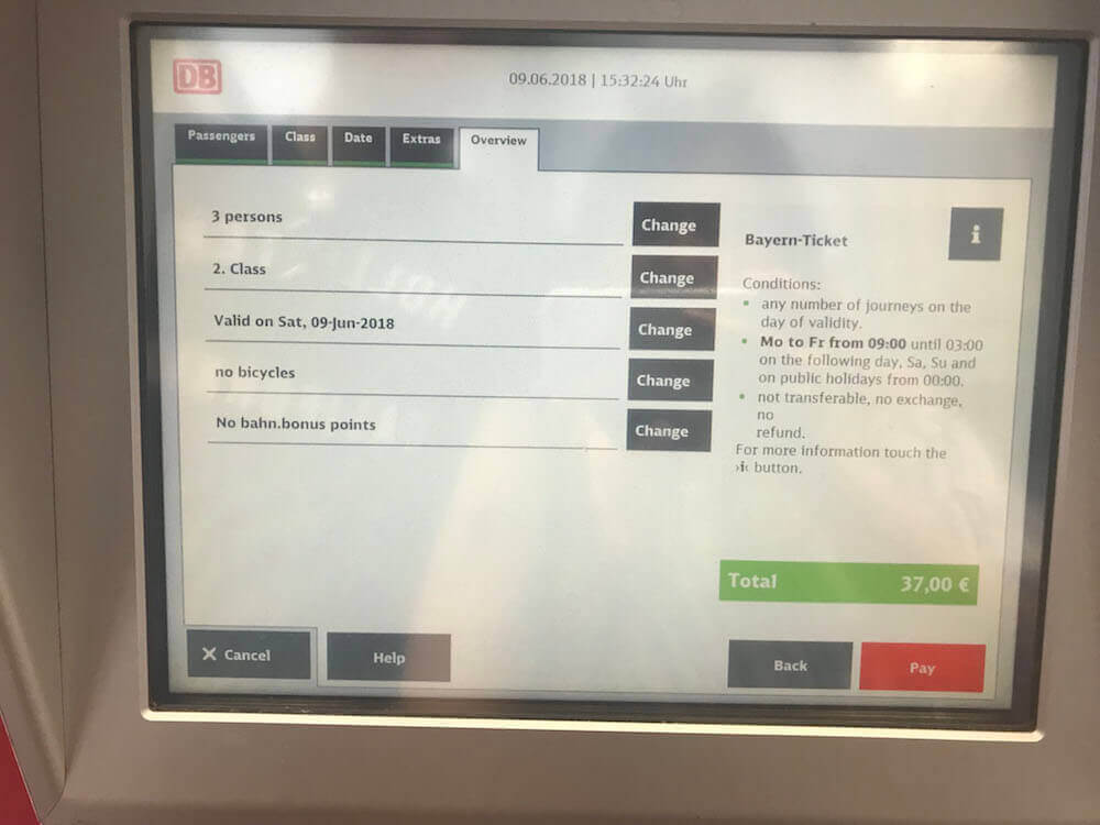 Ticket machine purchase screen showing how to buy a Bayern ticket step by step