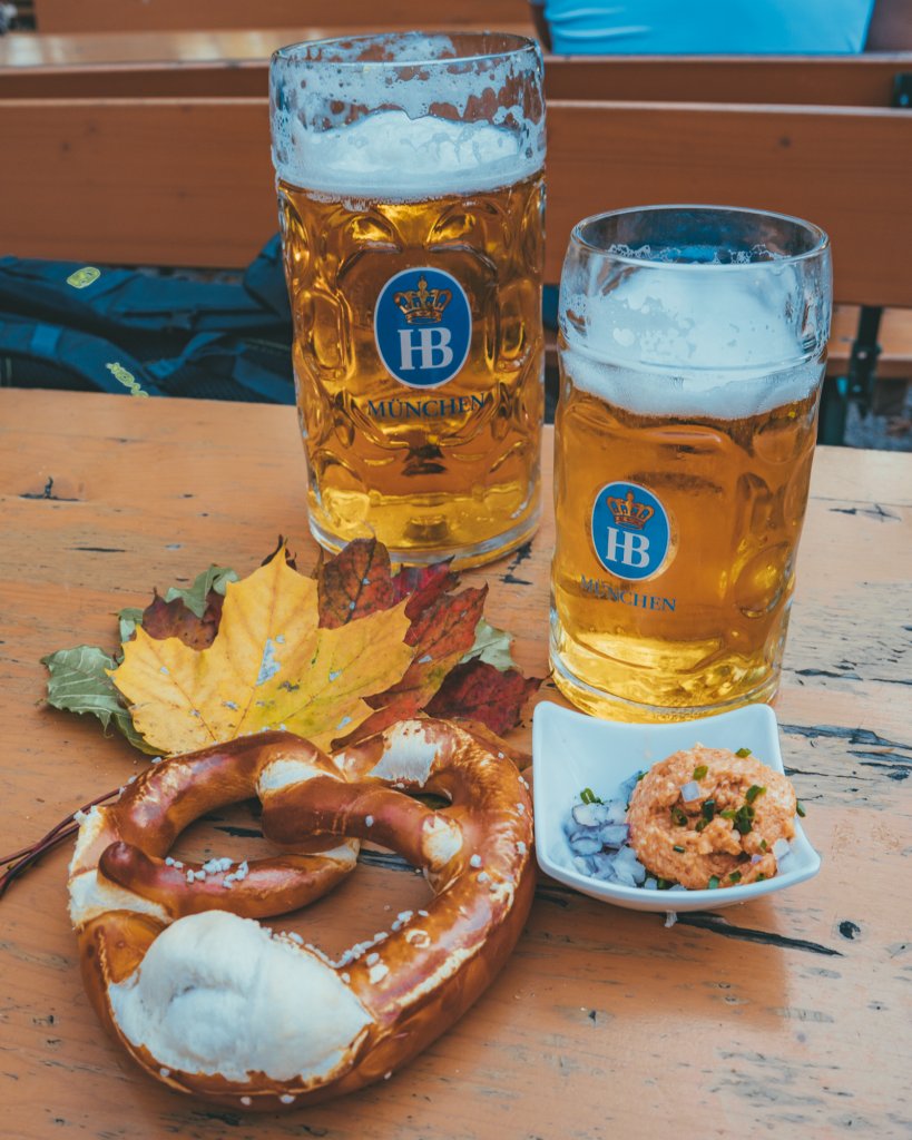 Beer and pretzels in a beer garden in Munich, Germany