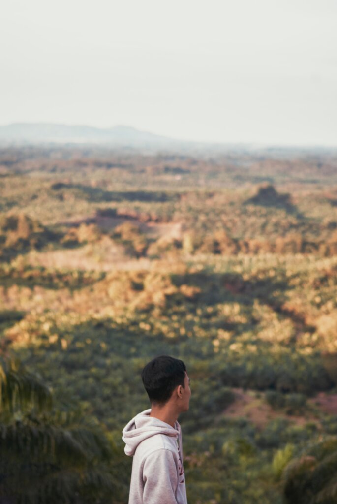 Man looking over sunset view in Borneo, Indonesia