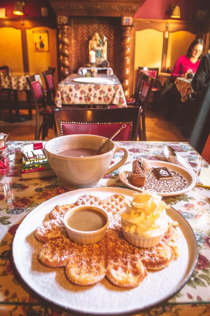 Hot chocolate and waffles at the Old Chocolate House in Bruges, Belgium