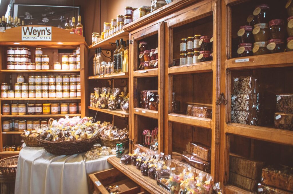 Chocolate display inside a Bruges chocolate shop