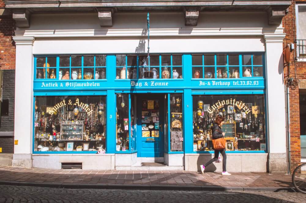 Antique shop storefront in Bruges, Belgium