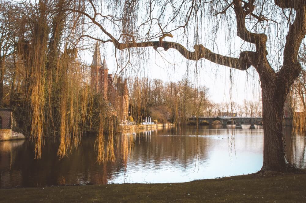 Minnewater Lake in Bruges, Belgium at sunset