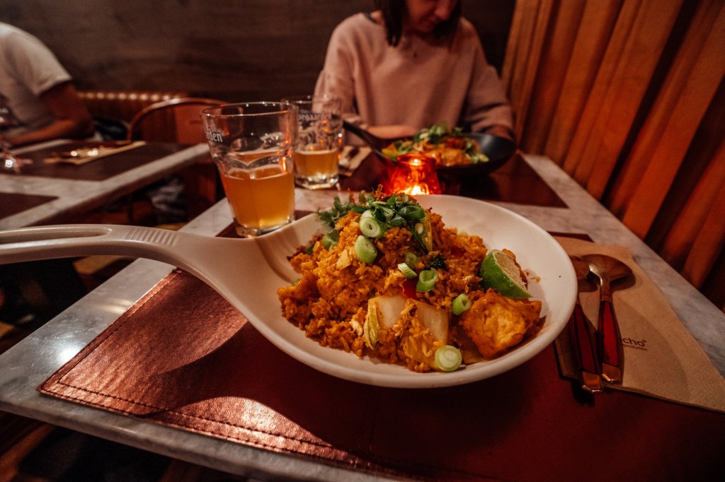 Large bowl of fried rice in a Brussels restaurant