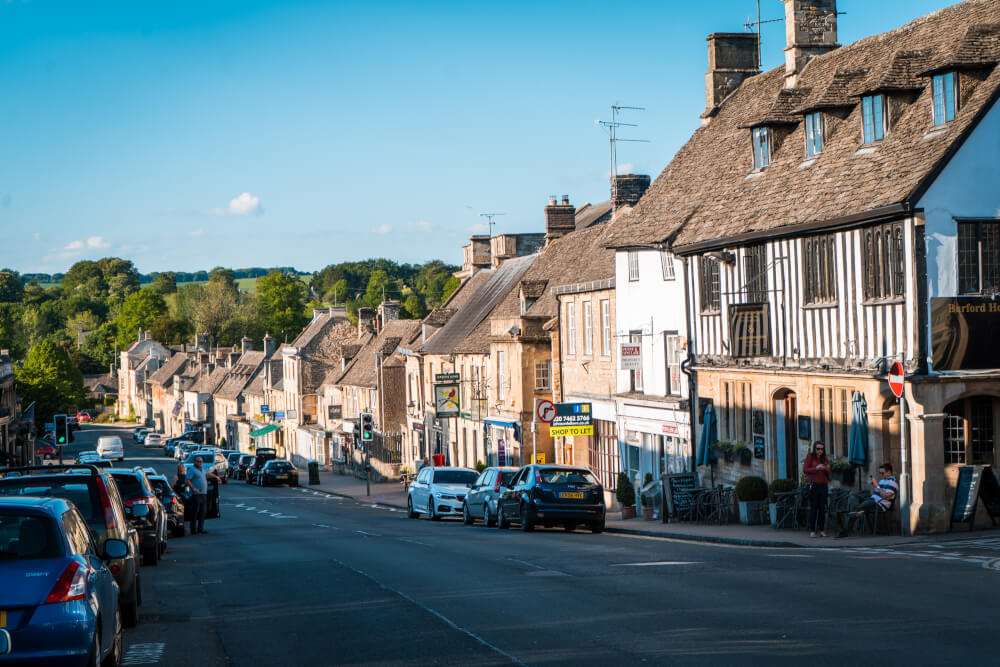 High Street in Burford, England in the Cotswolds