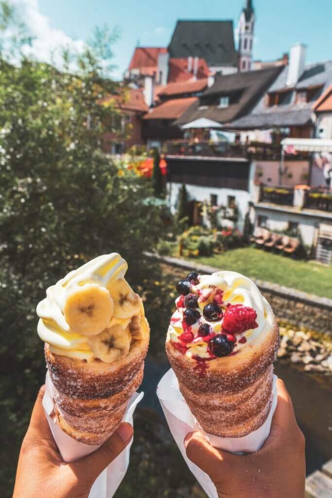 Delicious trdelnik ice cream cones in Cesky Krumlov
