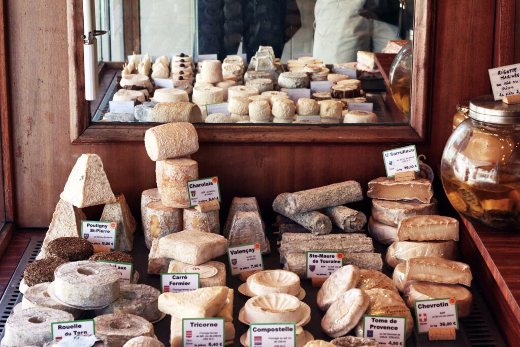 Cheeses on display in Paris