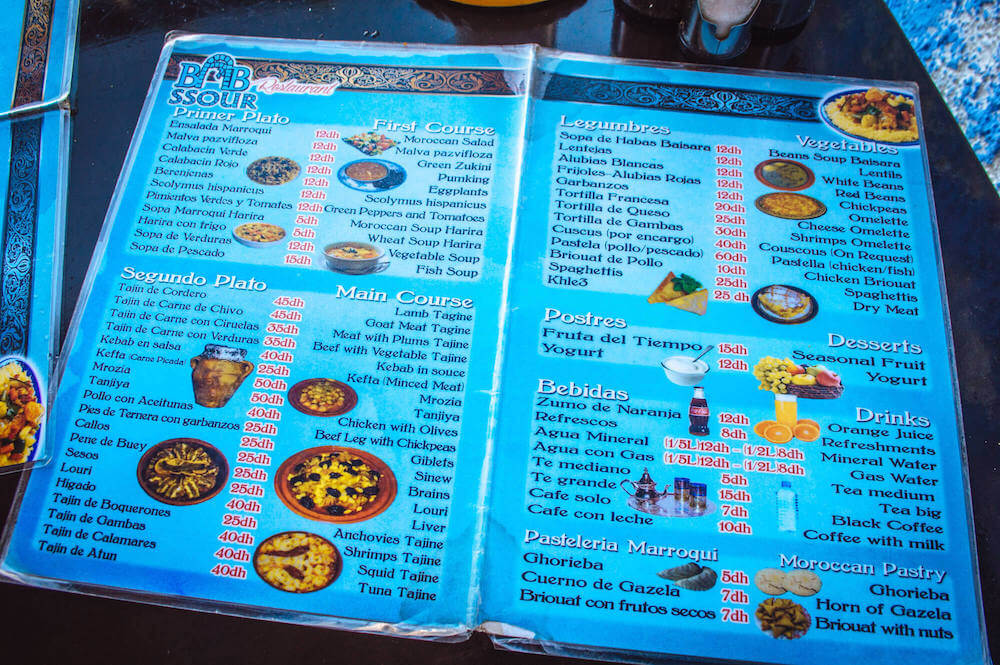 Moroccan restaurant menu