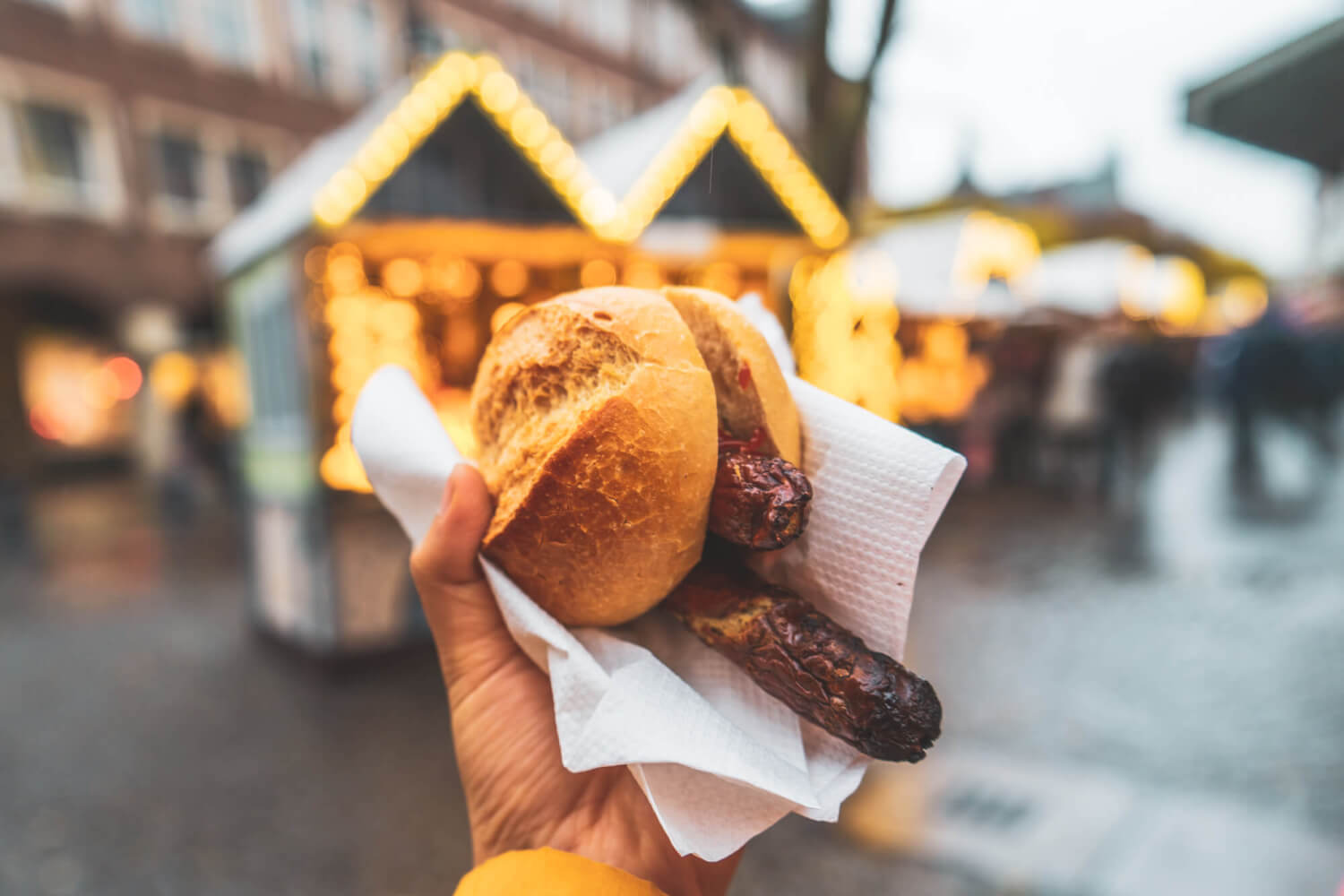 Sausage in a bun at Dusseldorf Christmas Market