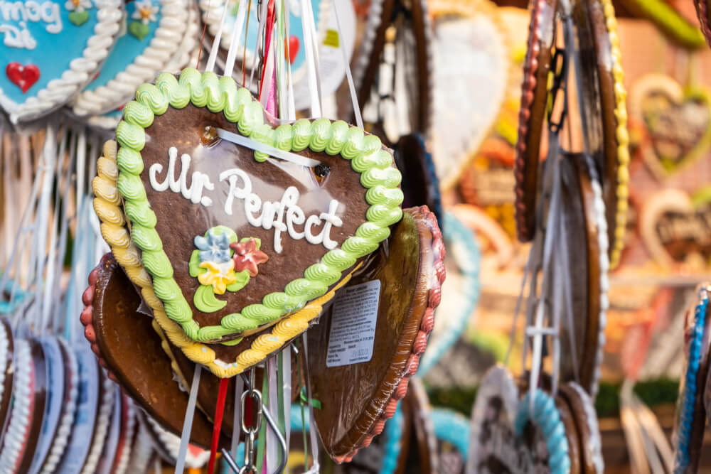 Gingerbread hearts on display at Oktoberfest in Munich, Germany.