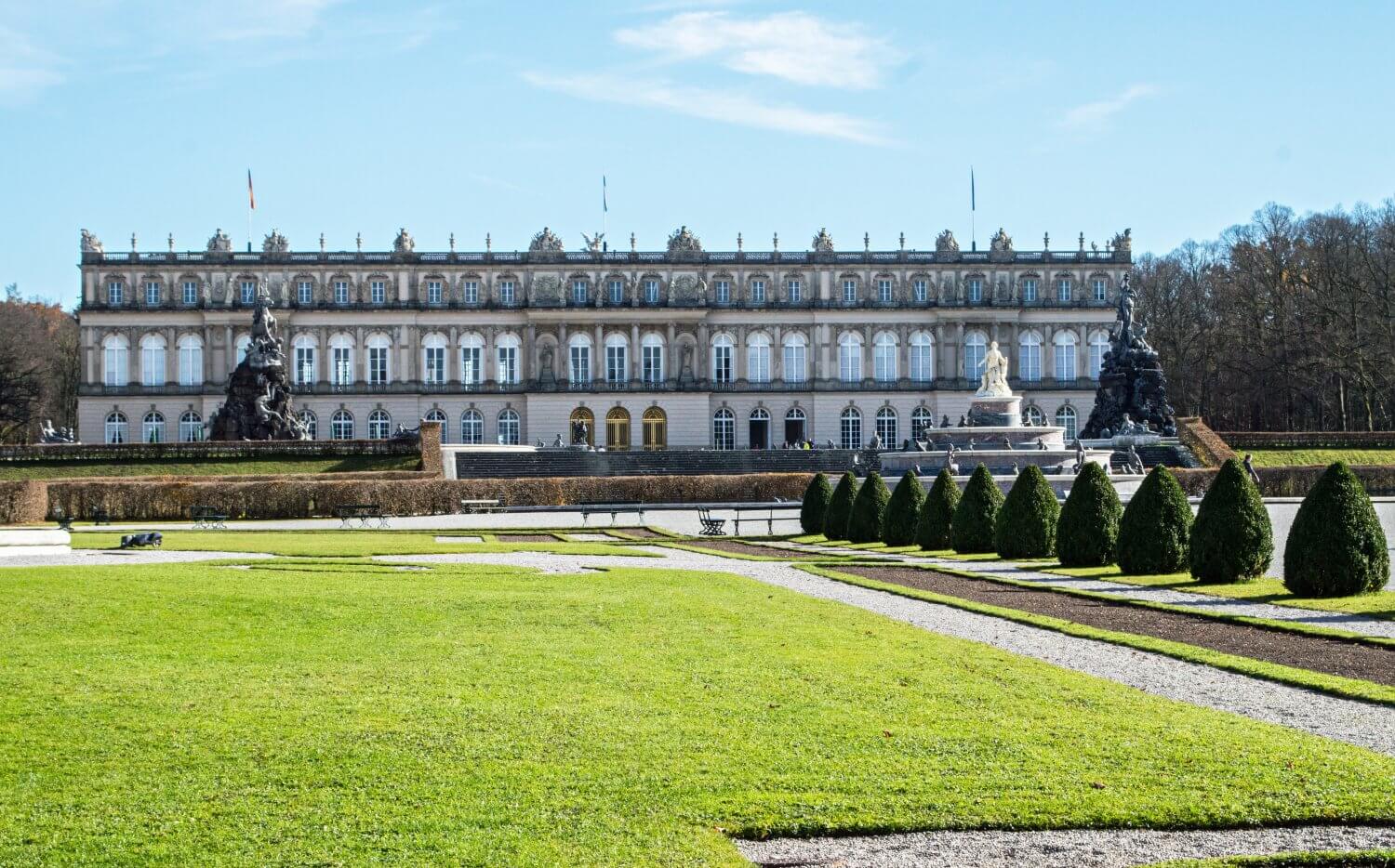 The front gardens of Herrenchiemsee New Palace in Bavaria, Germany