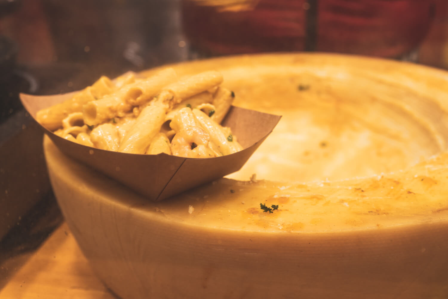 Pasta cooked in a parmesan wheel at Dortmund Christmas Market