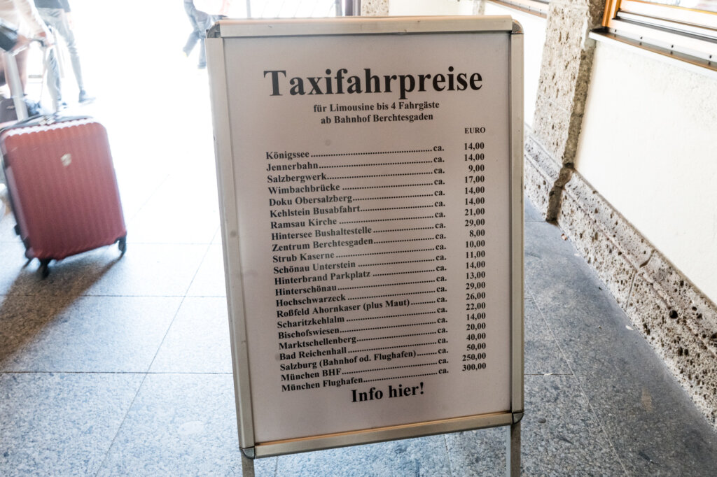 A stand with taxi fare prices at Berchtesgaden main train station