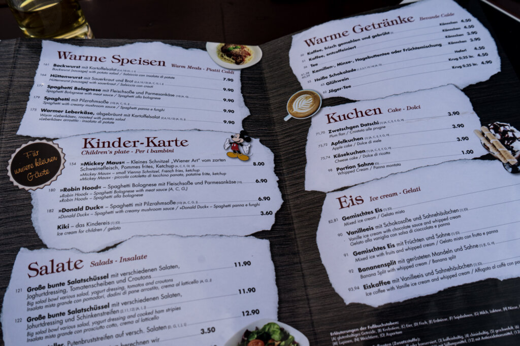 Food menu at Eagle's Nest in Berchtesgaden, Germany