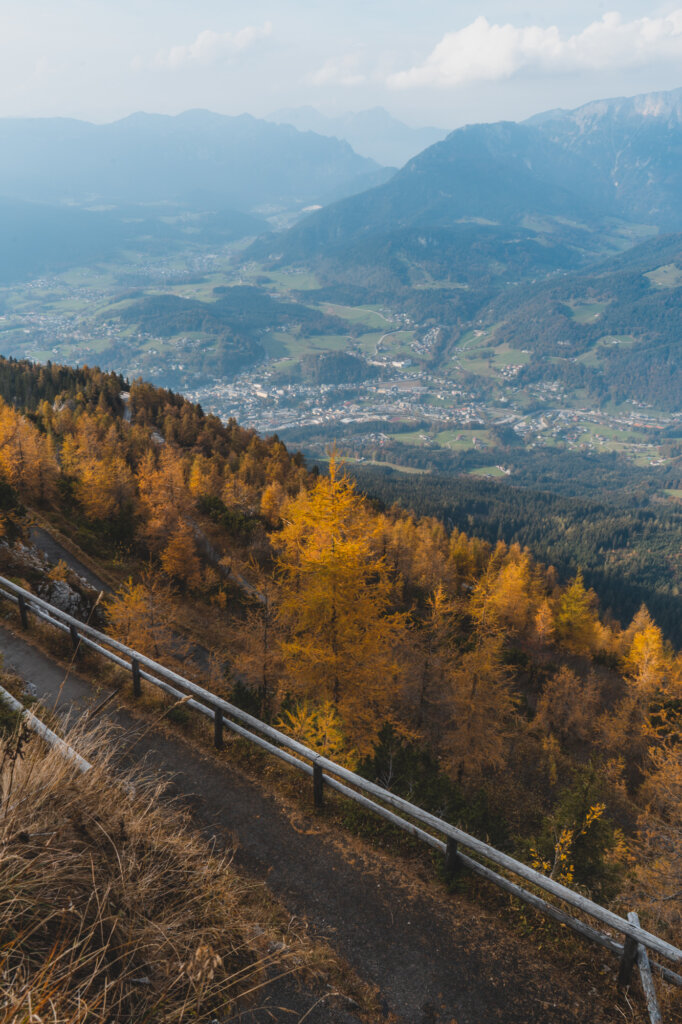 View over Berchtesgaden with mountains and fall foliage