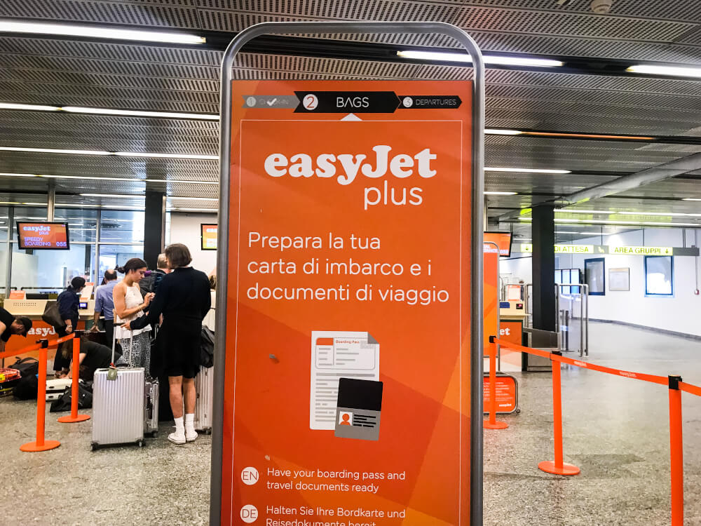 easyJet plus sign at Milan Malpensa Airport