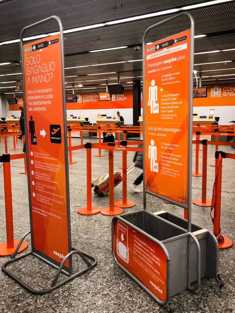 easyJet hand luggage measuring stations at an airport