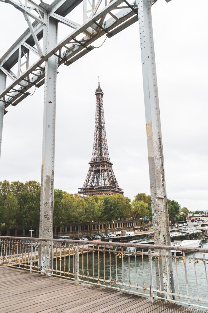 View of the Eiffel Tower from the Passerelle Debilly in Paris, France