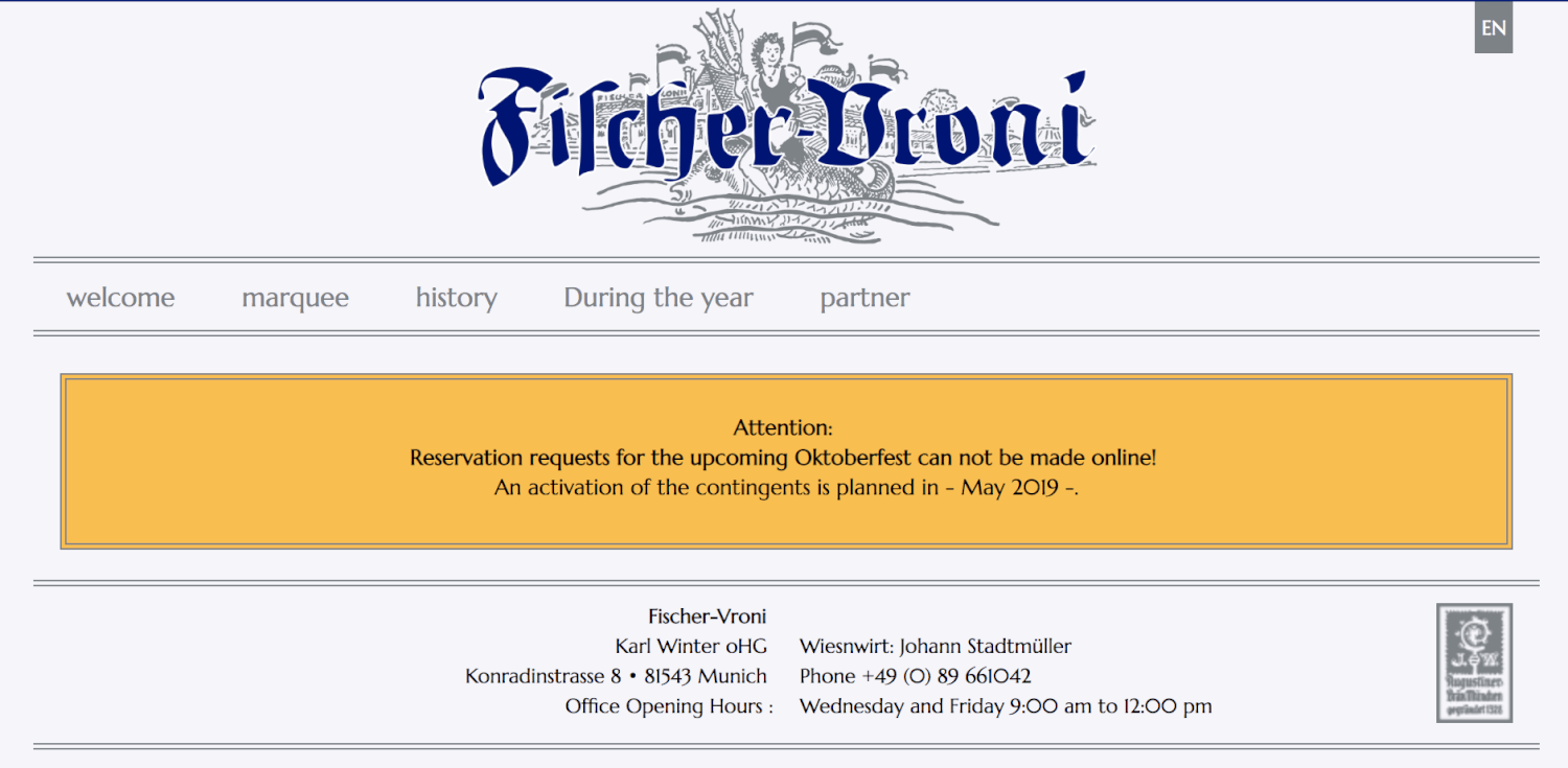 Fischer Vroni reservation page (translated into English) for Oktoberfest