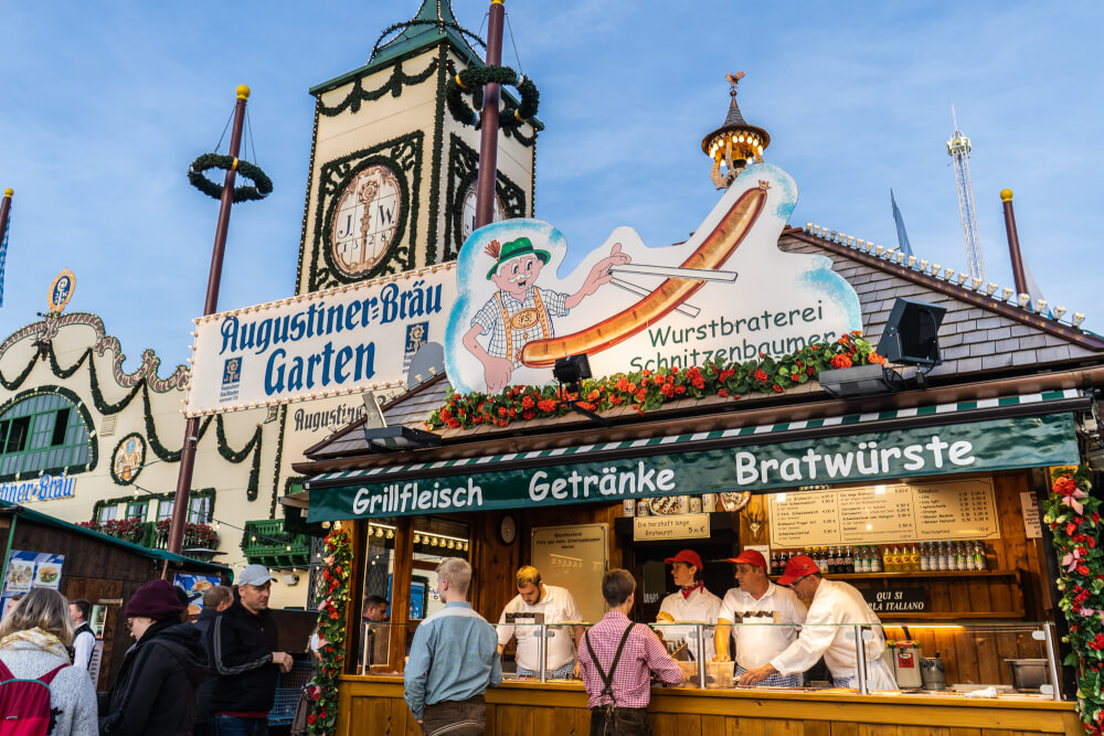 Tasty German sausages being served at Oktoberfest in Munich, Germany.