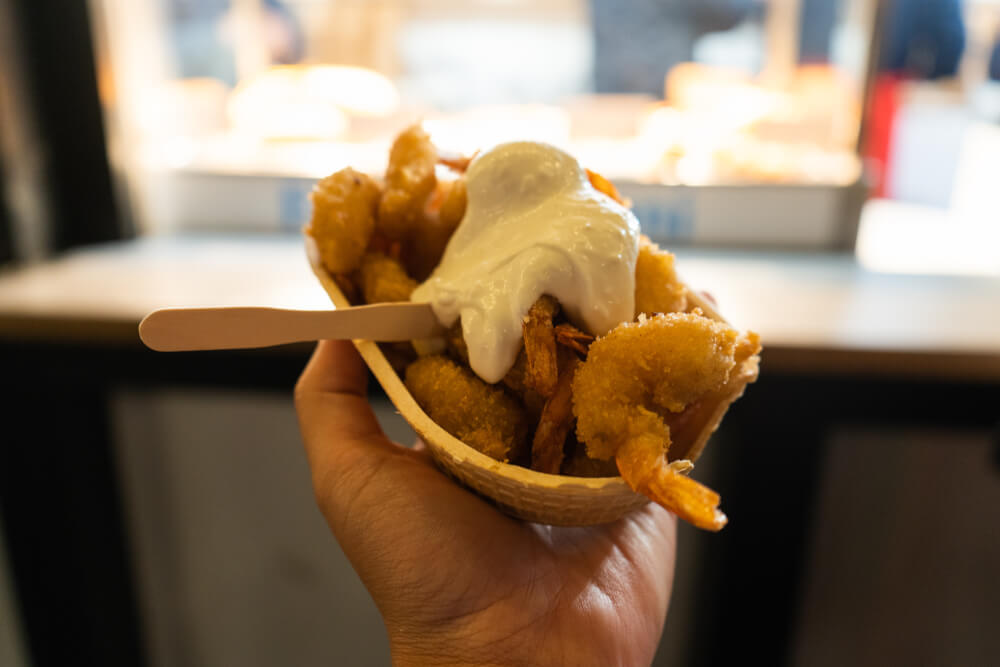 Fried shrimp with garlic sauce at Oktoberfest in Munich, Germany.