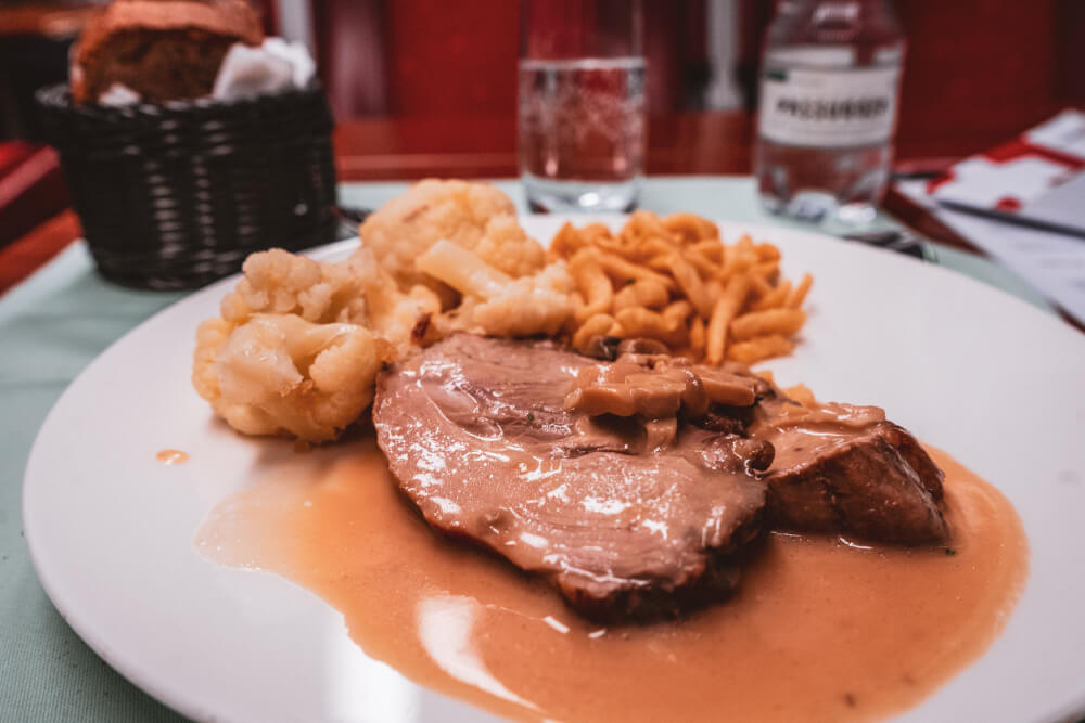 Lunch on board the Glacier Express - roast pork with cauliflower and spaetzle in a mushroom sauce!