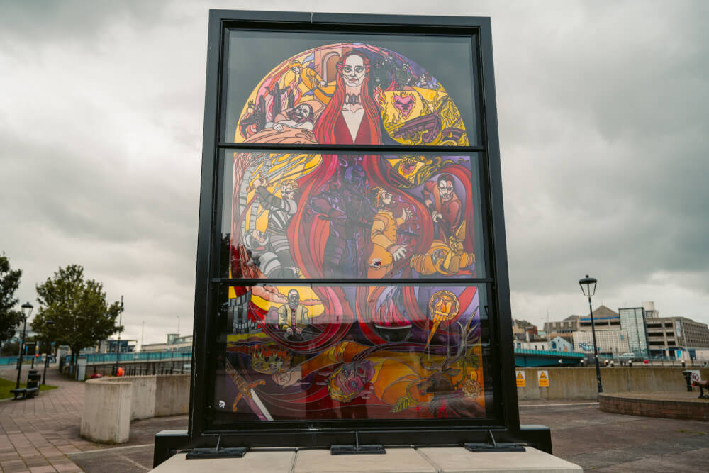 The Baratheon Window, part of the Glass of Thrones trail in Belfast, Northern Ireland.