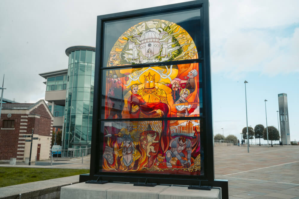 The Lannister Window, part of the Glass of Thrones trail in Belfast, Northern Ireland.