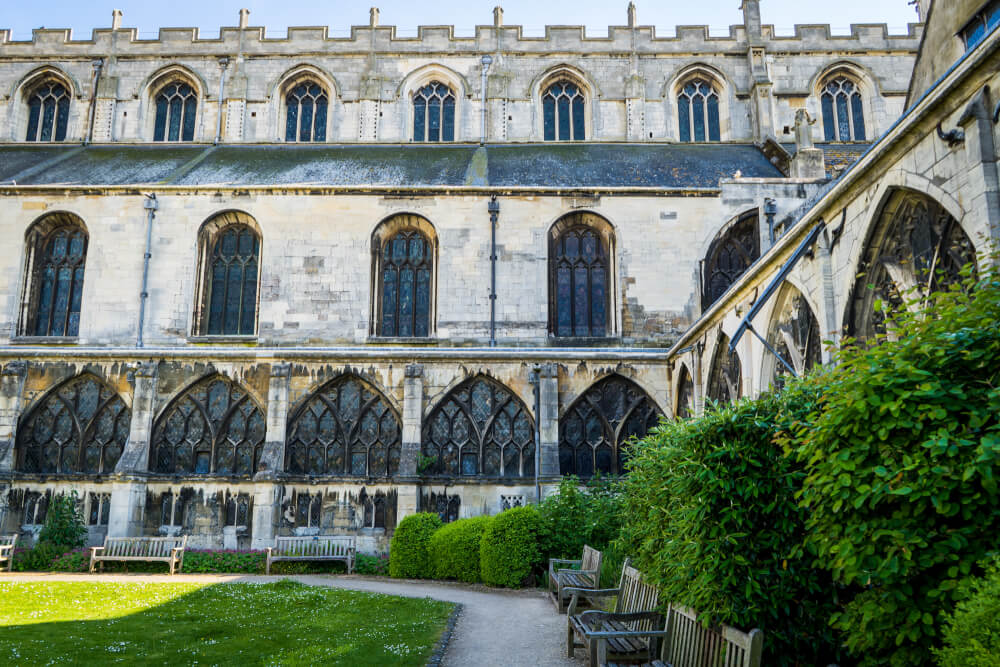 Courtyard of Gloucester Cathedral in Gloucester, Gloucestershire, England