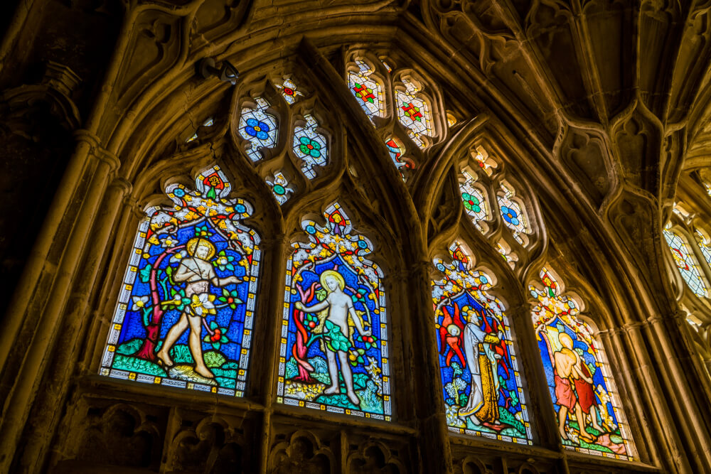 Stained glass in the Gloucester Cathedral in Gloucester, Gloucestershire, England