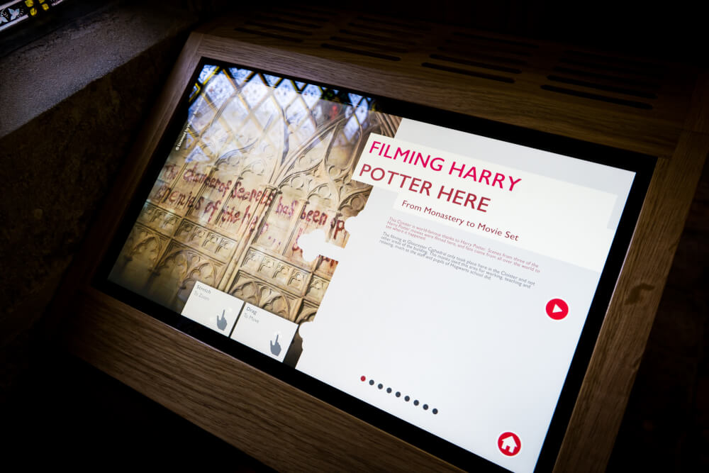 Harry Potter info panel at Gloucester Cathedral in Gloucester, Gloucestershire, England