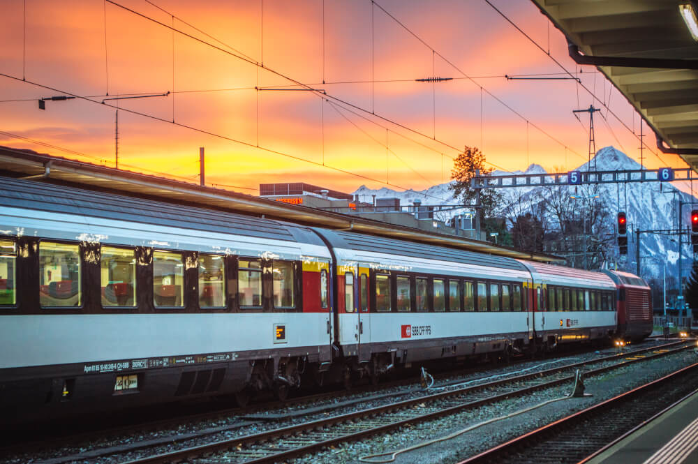 Swiss train at sunset