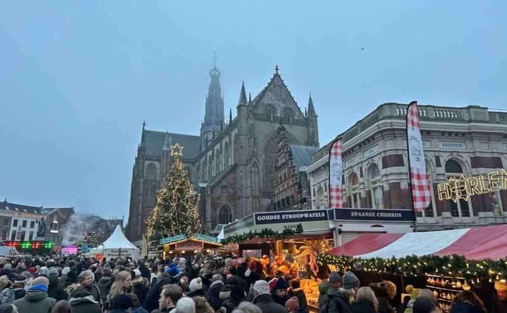 A Gothic church on a square with a Christmas tree in front of it on a foggy day.