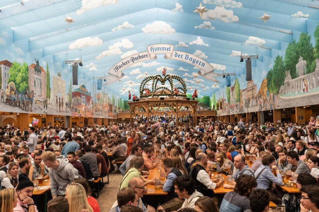 Inside the Hacker Pschorr tent at Oktoberfest in Munich, Germany.